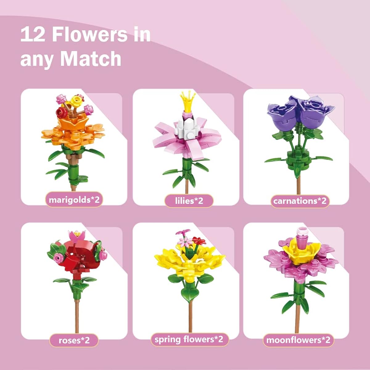 Aulymp Valentine's Day Gifts for Kids Boys Girls 12 Pack Valentine's Day Party Favors Blocks Flower Bouquet Building Kit Valentine's Day Gifts for Kids for Classroom or Prize Exchange