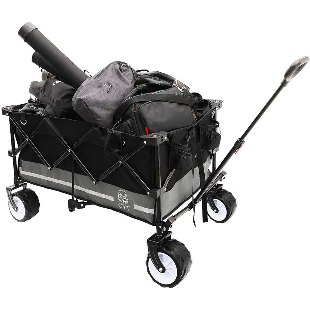 CYT Carry Wagon Large Capacity 156L Load Capacity 100kg Outdoor Wagon Carry Cart Free Standing Storage Compact Camping Fishing Shopping Large Tire Black
