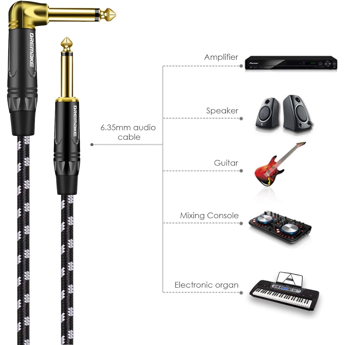 DREMAKE Straight to Light Angel Patch Cable Black/White Tweed 1/4" Cable 1/4" (6.3mm) for Guitar Amplifier 15' Acoustic Guitar Keyboard
