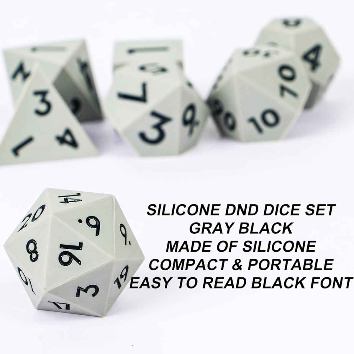 DND Dice Set Silicone DND 7 Piece Silicone Soft Rubber DND Dice with Beautiful Display Box Hand Faceted Black Numbers D&D Dice for Dungeons and Dragons RPG Tabletop Games Grey Black