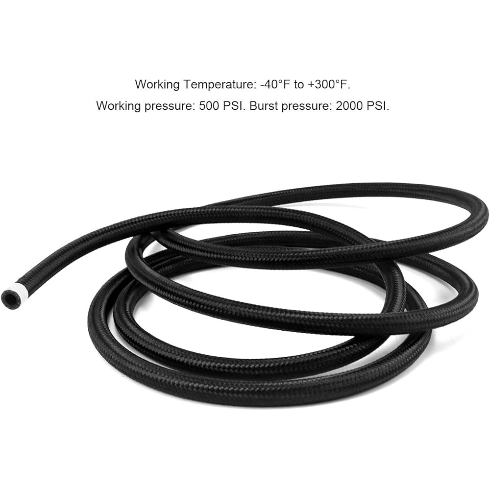 QWORK 6AN Braided Fuel Line Hose Push-On Fuel Line Pressure Injection Hose 10ft -6AN Black Fuel Oil Hose Fuel Line 3/8" Tube Size for Gas, Diesel, Biodiesel Fuel, Engine Oil, Hydraulic