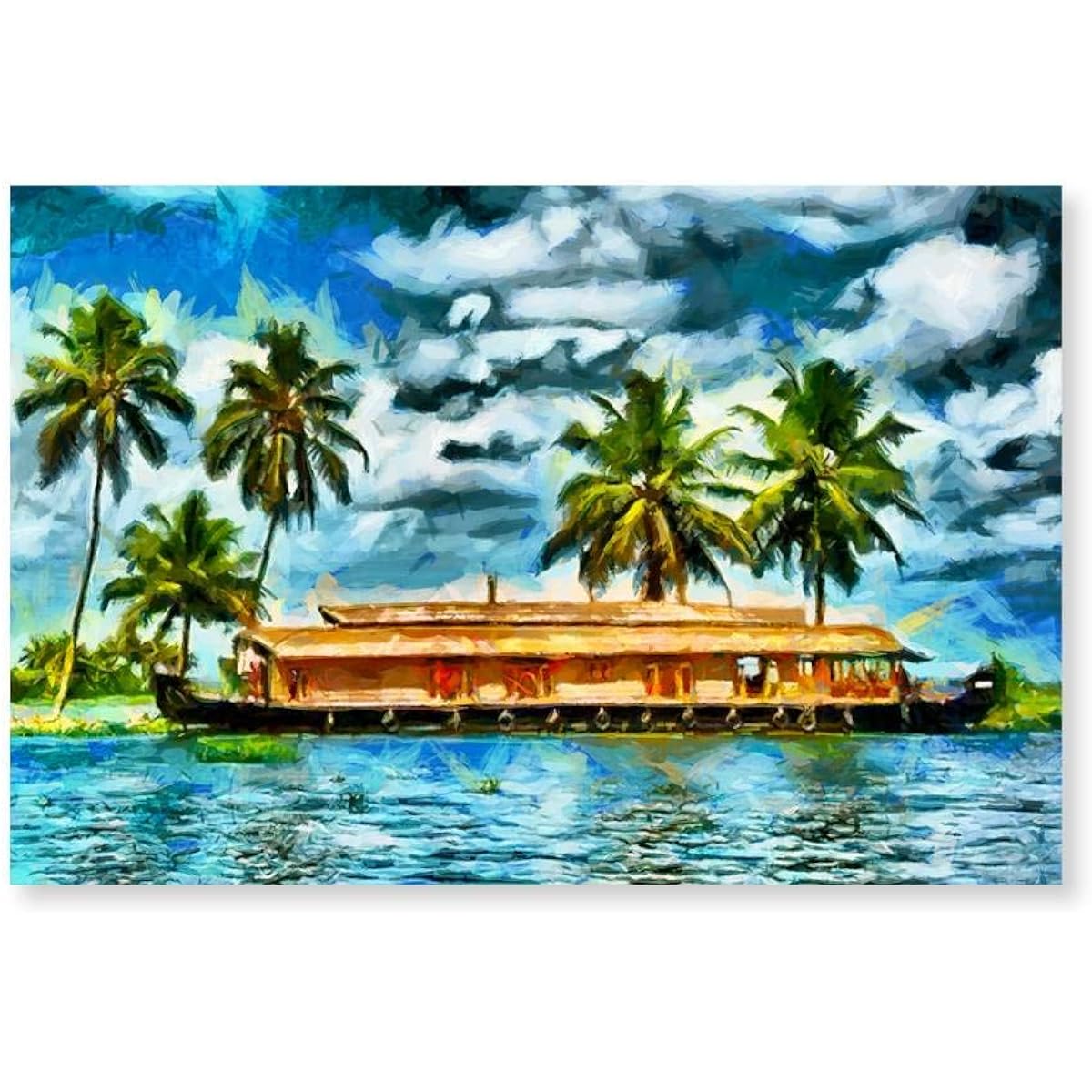 999Store Framed Print Kerala Traditional Houseboat Canvas Painting Art (18x24 inch)