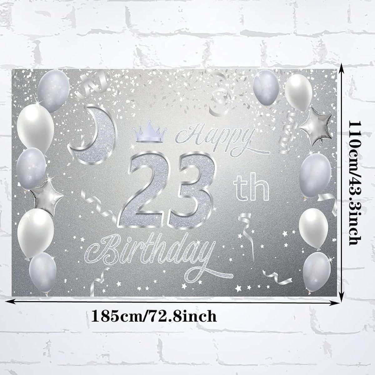 Sweet Happy 23th Birthday Backdrop Banner Poster, 23rd Birthday Party Decorations, 23rd Birthday Party Supplies, 23rd Photo Background for Girls, Boys, Women, Men, Silver, 72.8 x 43.3 Inch