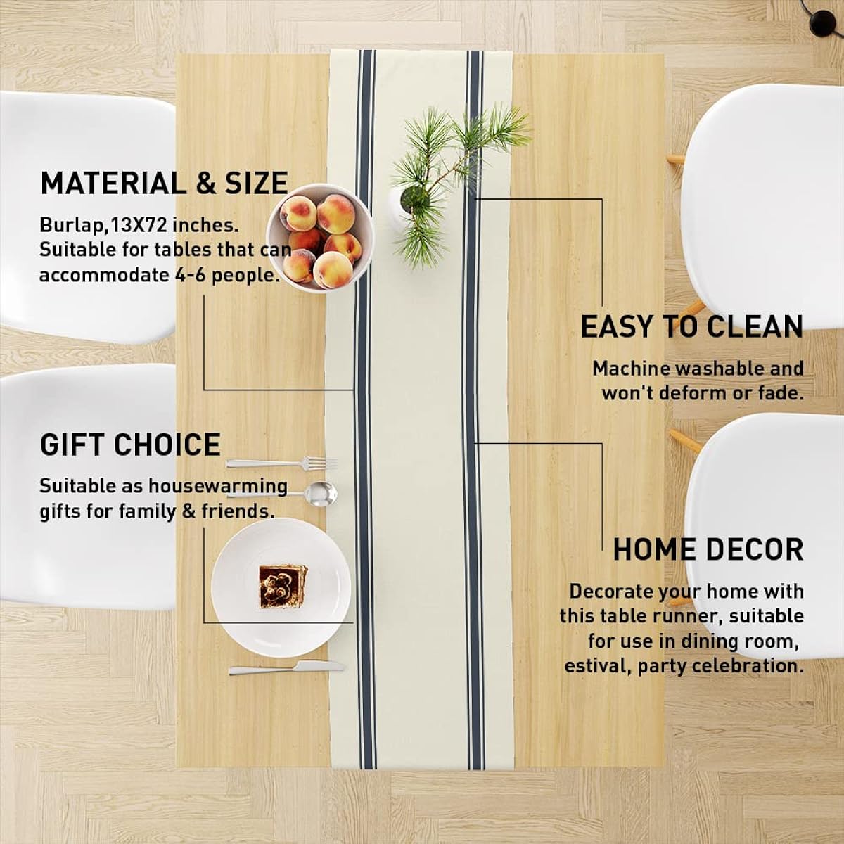 Blue Grey Striped Table Runner, Centerpiece Modern Table Runner Decor Dining Room Kitchen Farmhouse Table Runner Decorations for Holiday Party, Housewarming Gifts, 13X72 Inch