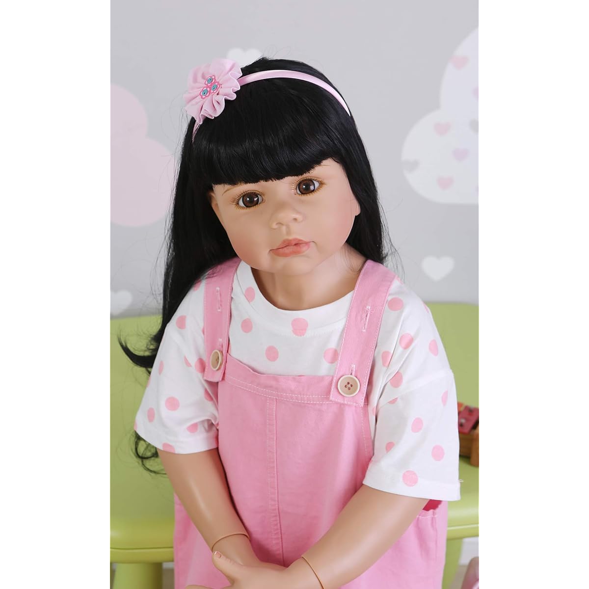 39 inch Rerborn Toddler Doll Girl Giant Standing Child Full Body Hard Vinyl Girl Black Long Hair Real Child Size 3 Years Old Dress Original Masterpiece Model Ball Jointed Doll Collection