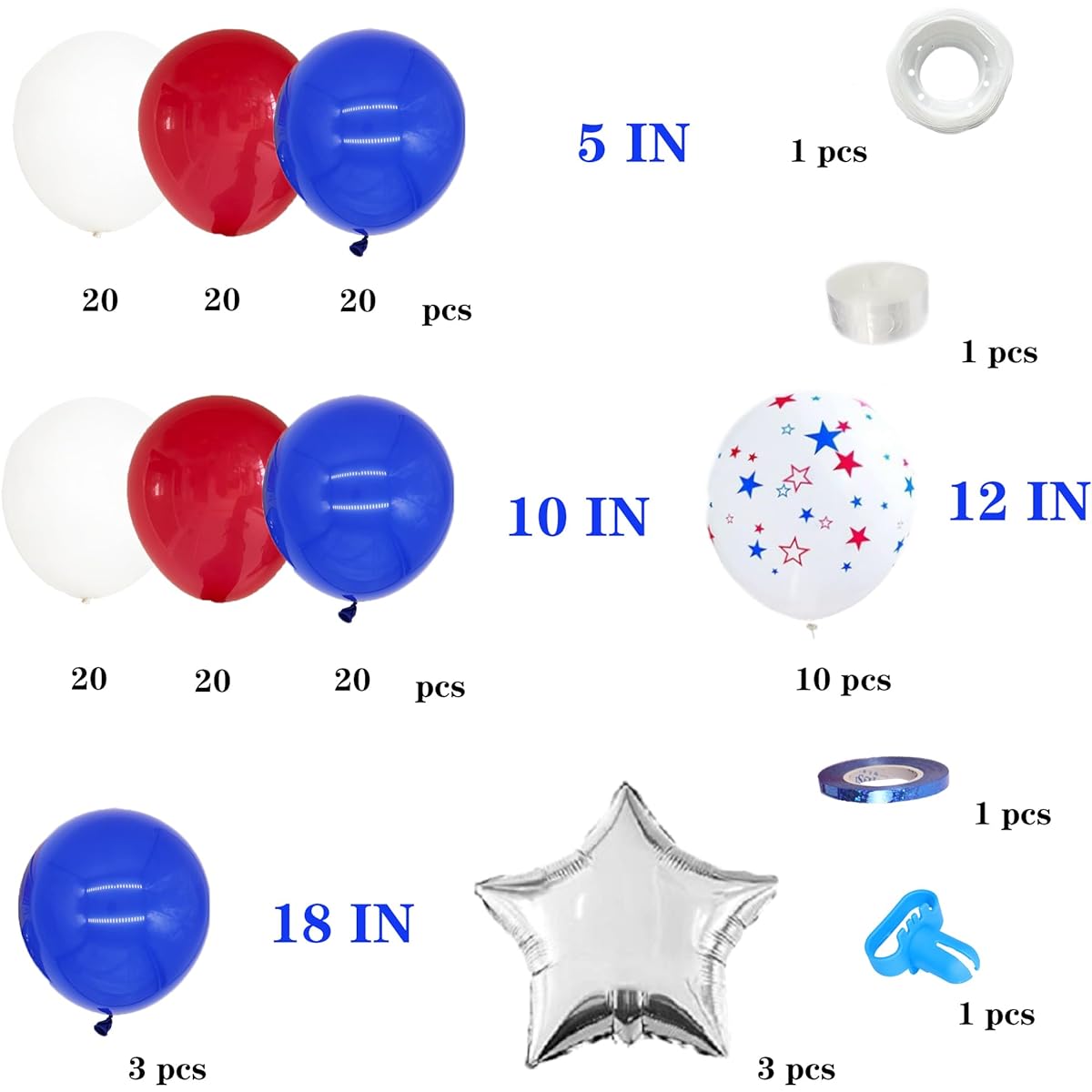 140pcs Red White Blue Balloon Garland Arch Kit with Star Foil Balloons for Birthday Baby Shower Party Decorations 4th of July Veterans Memorial Independence Day American Party Supplies