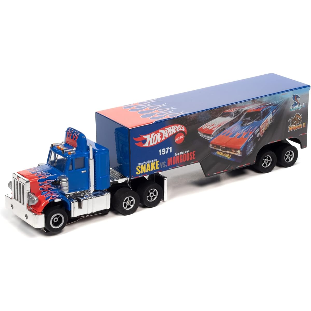 Auto World Xtraction Racing Rig Peterbilt 359 Trailer Snake II vs. Mongoose II (Flamethrower) with HO Scale Slot Car