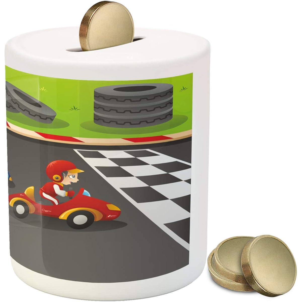 Lunarable Cartoon Piggy Bank Happy Racing in Car Racing Playroom Design Ceramic Coin Bank Cash Saving Piggy Bank 3.6" x 3.2", Multicolor