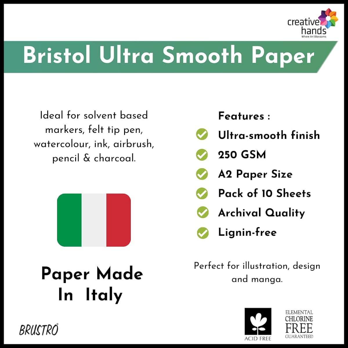 BRUSTRO Bristol Ultra Smooth Paper 250 gsm, Size - 10 Sheets A2 Size White