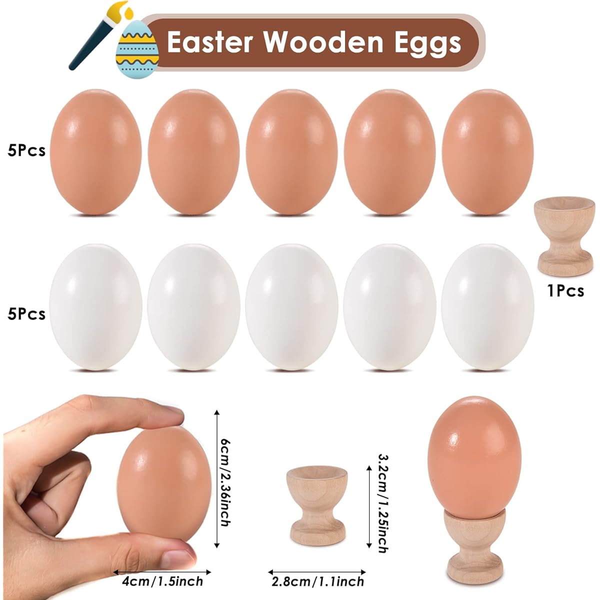 AhfuLife Easter Eggs Wooden Fake Eggs White and Brown Easter Wood Eggs for Kids DIY Paint Easter Egg Hunt Easter Theme Party Favors Basket Fillers (10 Eggs/1 Egg Holder)