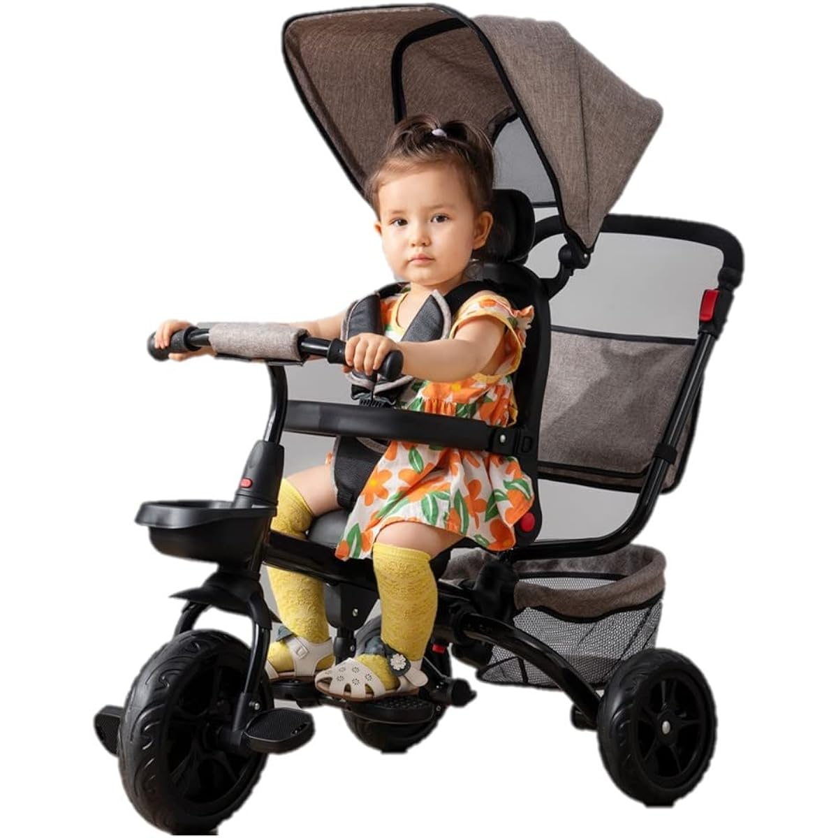 Children's Tricycle, Foldable, Kids 1-5 Years Old, Steering Wheel, Push Rod, 4in1 Riding Toy, Toddler Kids Bike, Present, Stylish Toy, Celebration Gift (Brown, Type A)