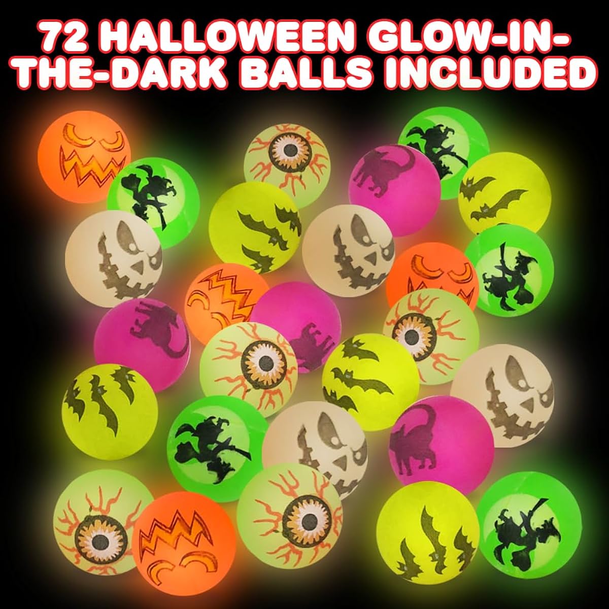ArtCreativity Halloween Glow in the Dark Bouncing Balls - 72 Pack - 6 Halloween Themed Designs - 1.25" High Bouncing Balls for Kids - Trick or Treat Giveaways, Party Favors, Goodie Bag Fillers