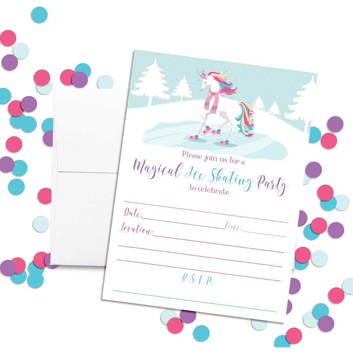 AmandaCreation Magical Unicorn Ice Skating Birthday Party Invitations 20 Count 5"x7" Fill In Cards 20 White Envelopes