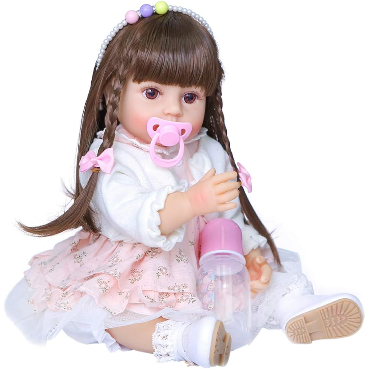 55CM Original Full Body Silicone Bebe Doll Reborn Newborn Doll Long Hair Toddler Girl Bath Toy,Brown Hair