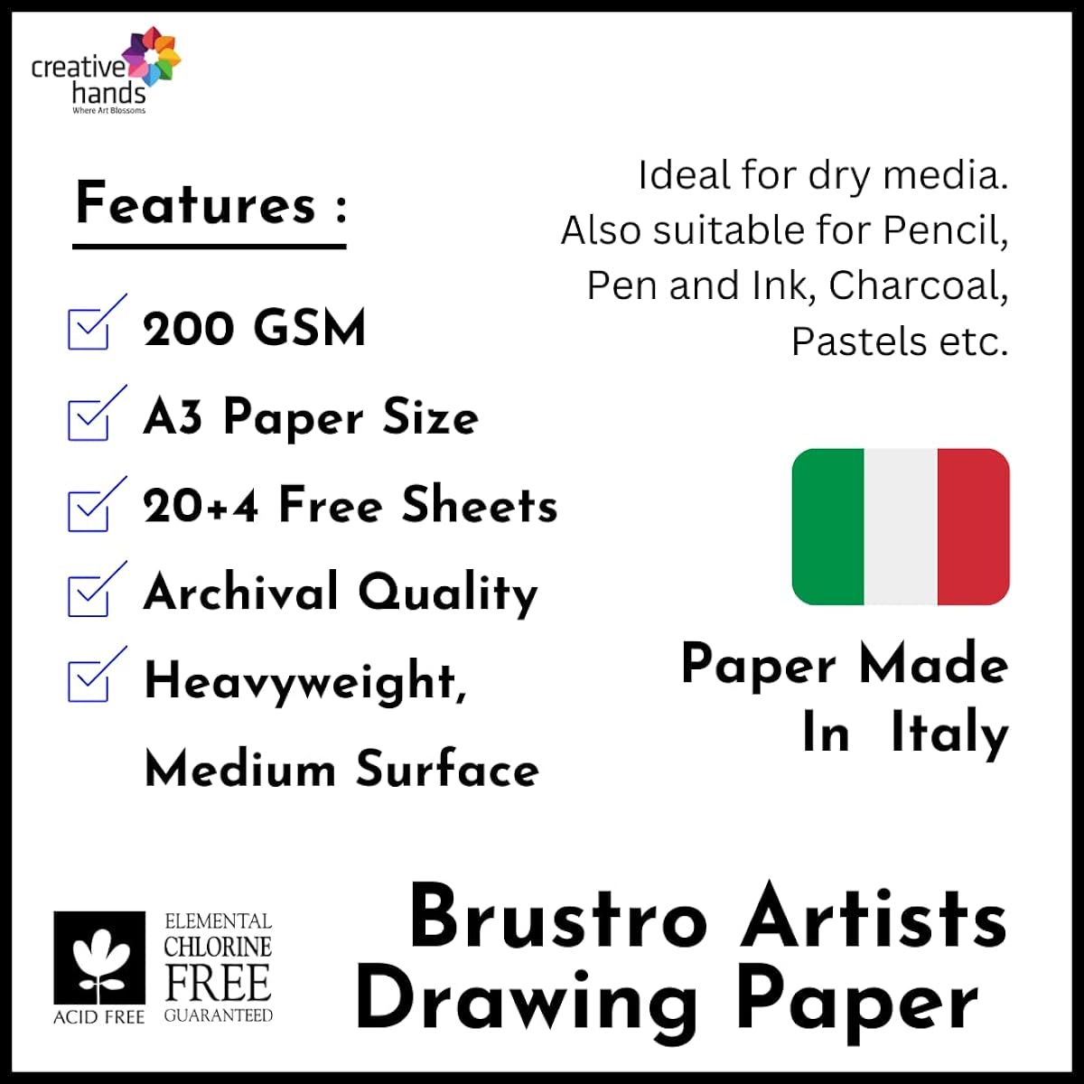BRUSTRO Drawing Paper 200 gsm, Pack of 20 + 4 Free Sheets, A3 Size, White
