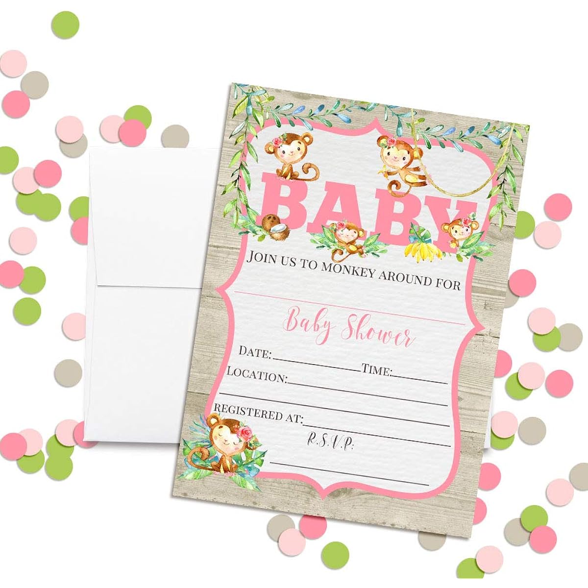 AmandaCreation Watercolor Jungle Monkeys Baby Girl Baby Shower Invitation 5"x7" Card with 20 White Envelopes