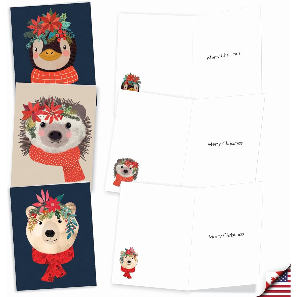 The Best Card Company Assorted Christmas Notecards Boxed Set of 20 4 x 5.12 Inch with Envelopes (10 Designs, 2 of Each) Holiday Wildlife AM7827XSG-B2x10