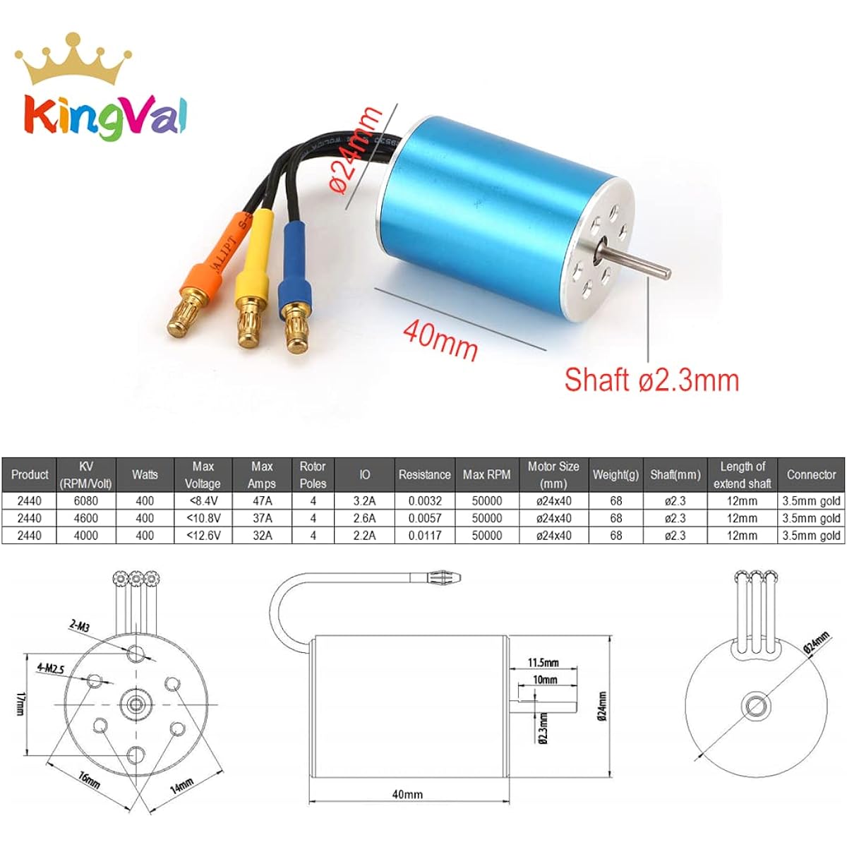 KingVal Replacement 2440 4600KV Sensorless Brushless Motor Shaft 2.3mm Diameter Compatible with 1/16 1/18 RC Cars