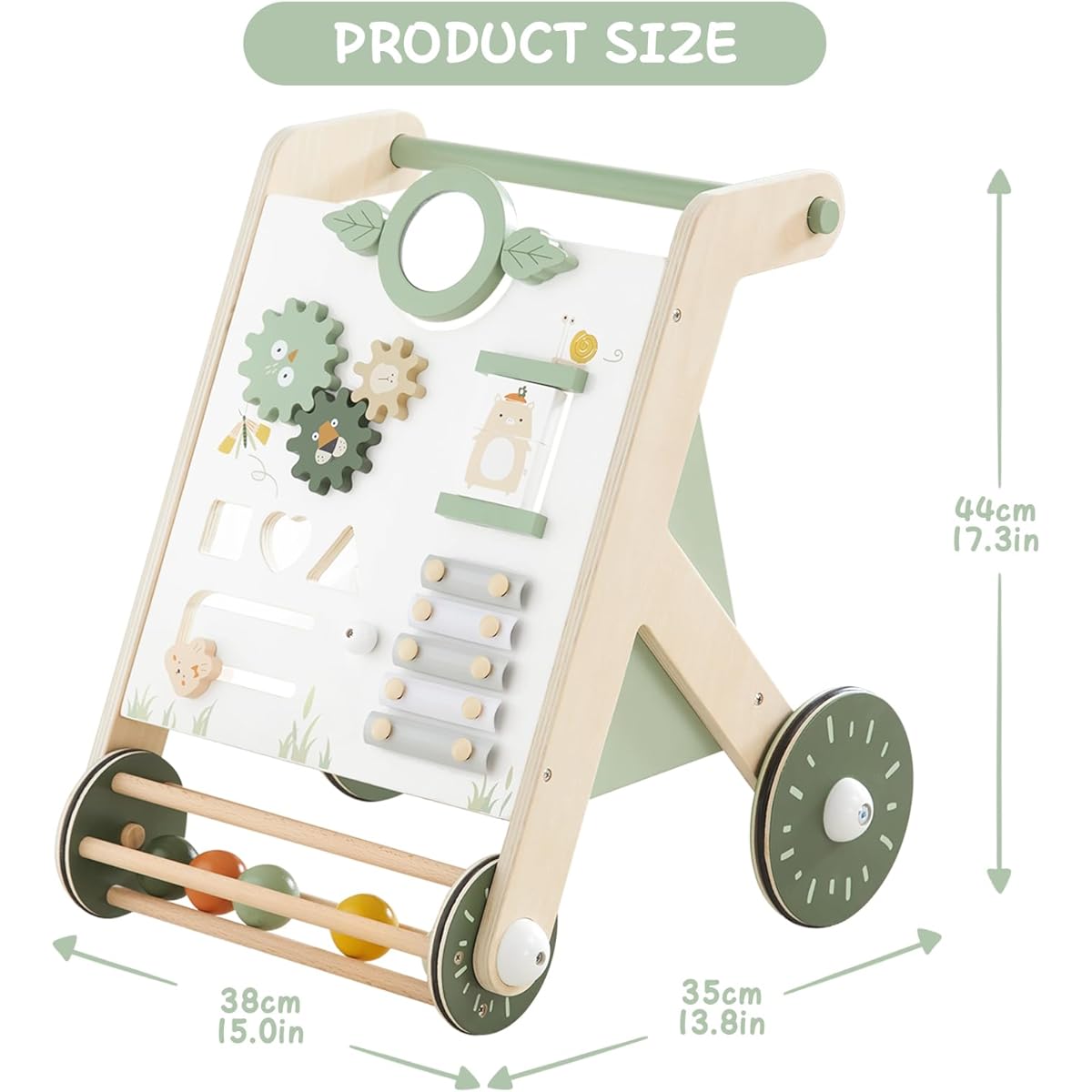 Beright Wooden Baby Walker with Rollers, Push & Pull Learning Activity Walker, Multifunctional Kids Activity Toy, Multiple Activity Center, Develop Motor Skills and Stimulate Creativity, Green