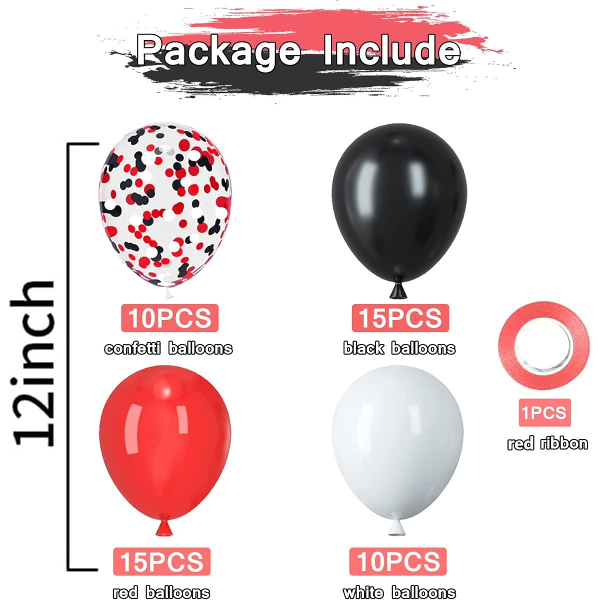 50 Pack Red and Black Latex Balloons, 12 Inch Black White Red Confetti Party Balloons with Ribbon for Birthday, Graduation, Wedding, Bridal Shower, Party Decorations