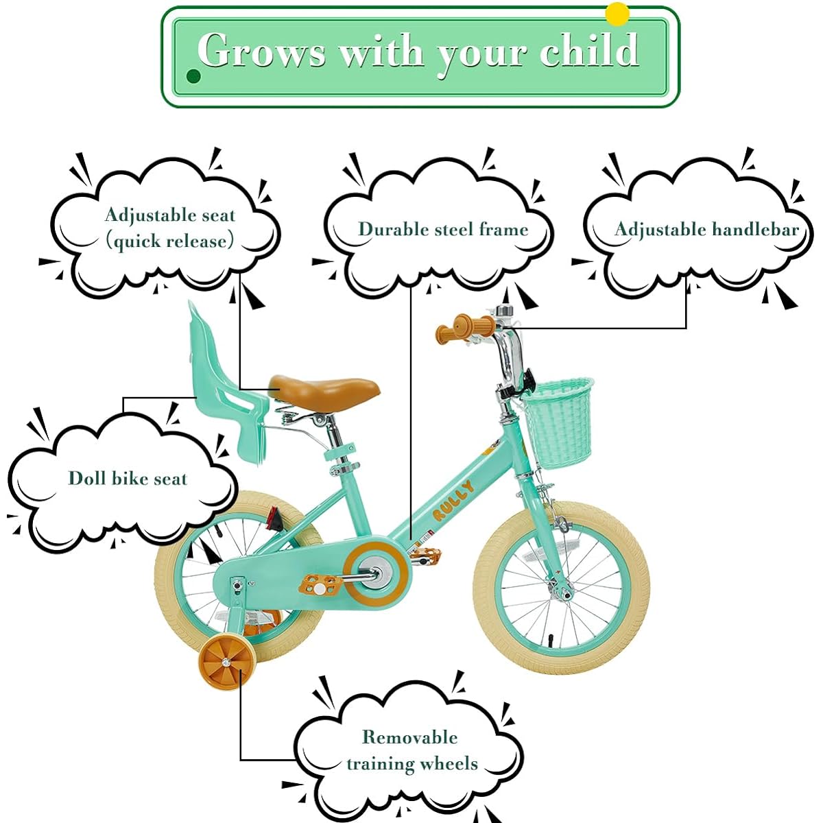 RULLY Retro 12" Kids Bike with Basket, Doll Seat and Training Wheels for 2, 3 and 4 Year Old Girls & Boys, Mint Green