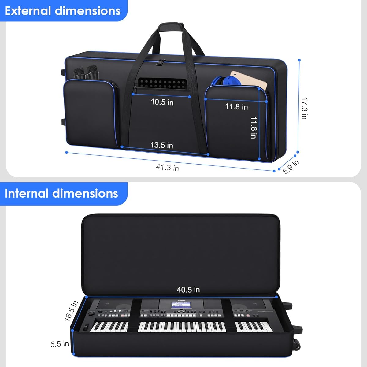 61 Key Keyboard Case with Wheels (Internal Size: 40.9" x 16.5" x 5.5") | 61 Key Keyboard Gig Bag Thick Padded Case | Includes 61 Key Keyboard Rolling Bag, Keyboard Case, Roller Bag, and 3 Pockets. , Black White