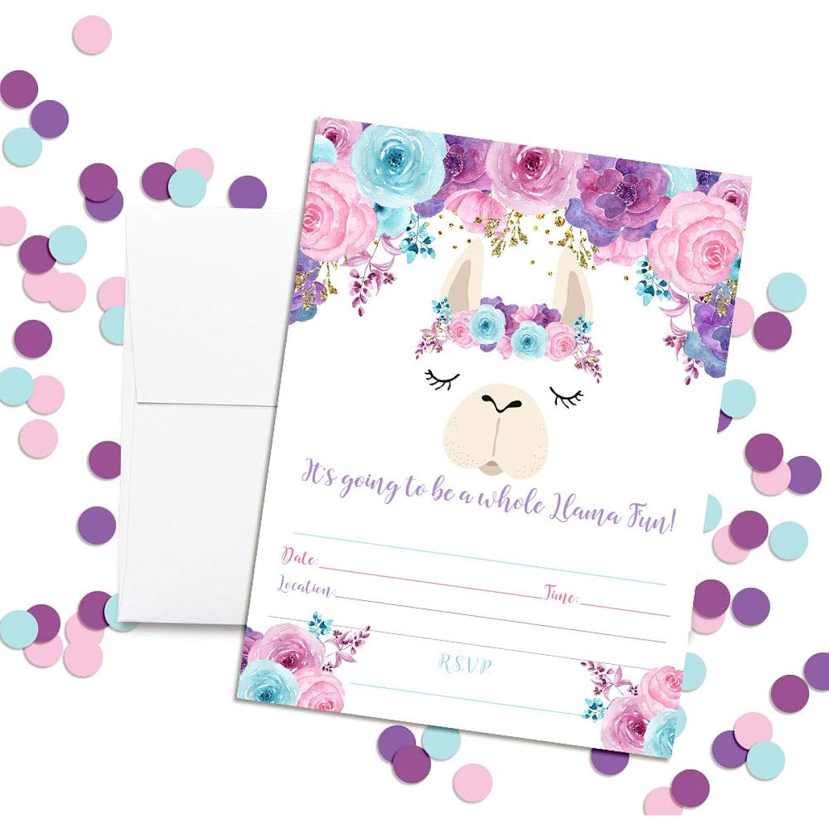 AmandaCreation Full Body Llama Fan Watercolor Floral Llama Face Birthday Party Invitations of 20 5"x7" Cards with 20 White Envelopes