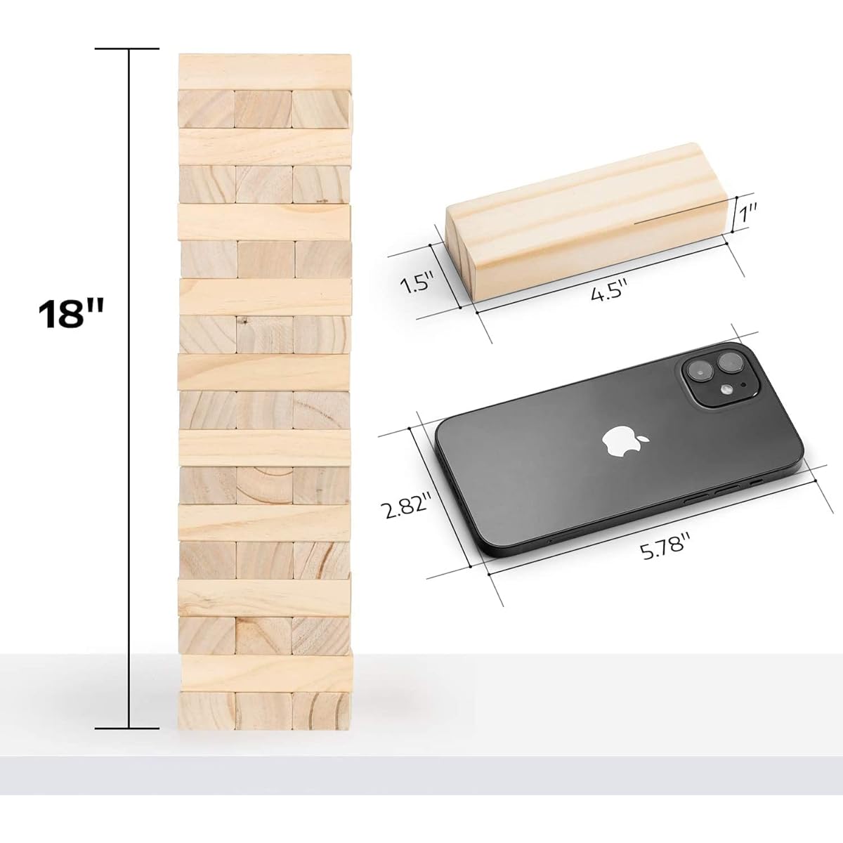 A11N Large Toppling Tower Game | 54 Blocks, Starts at 1.5 Feet Tall and Build to 3 Feet Tall | Wooden Stacking Yard Game with Carrying Bag, Rules Board, 2 Dice