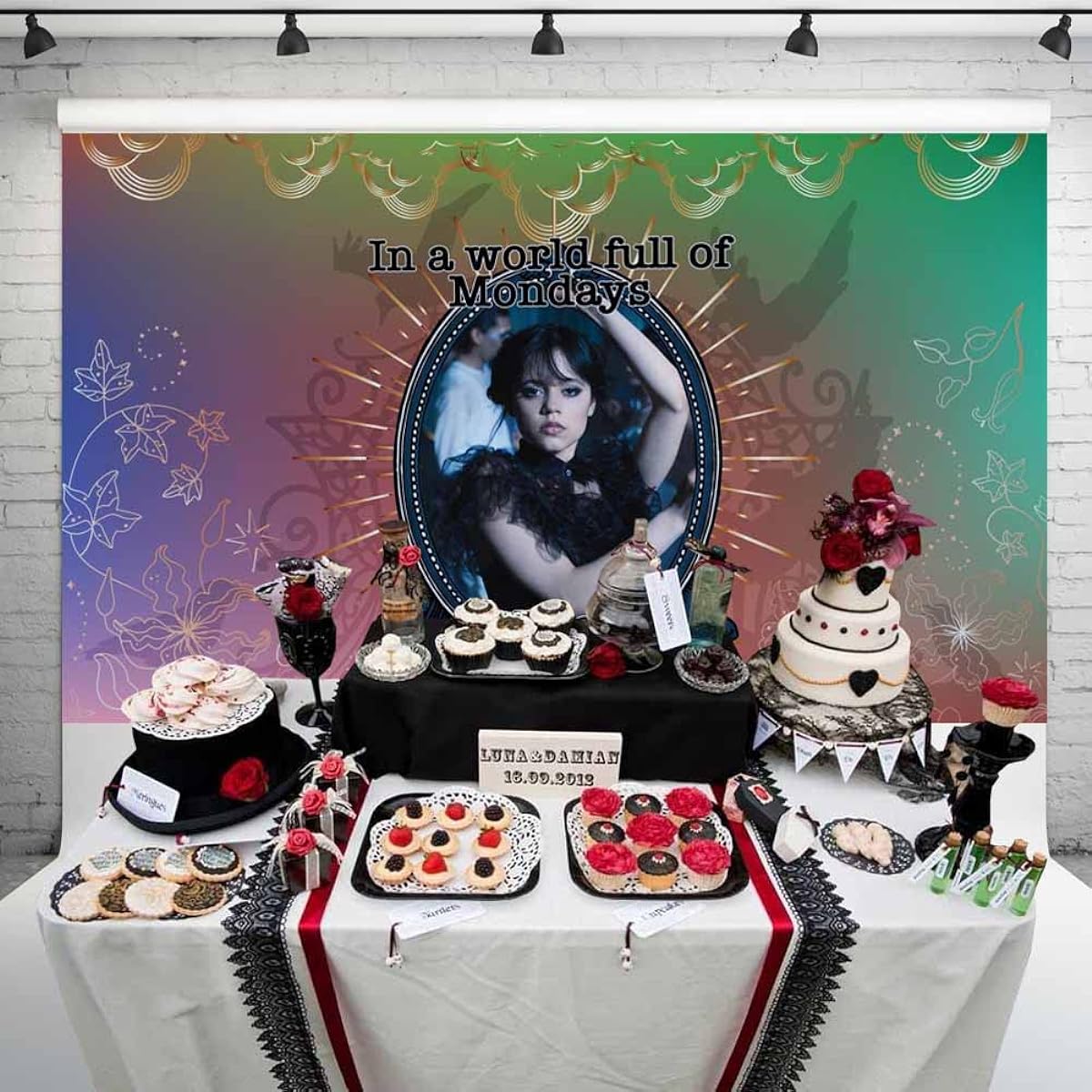 Wednesday Addams Photography Backdrop Teal Pink Gold Floral Background Wednesday Dance Backdrop for Birthday Party 5x3ft 44