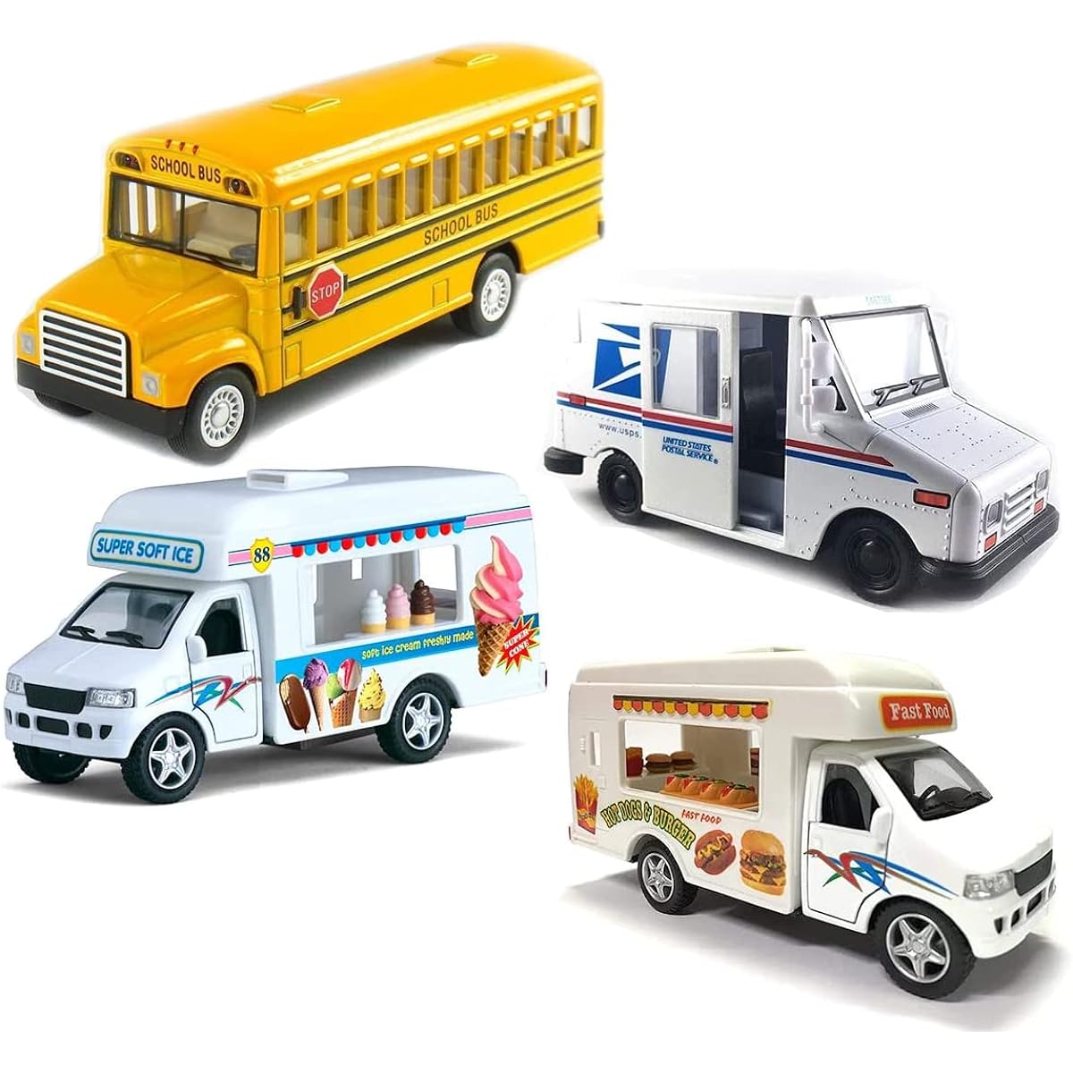Funstuff Diecast Toy Trucks Set of 4 - Ice Cream Truck, School Bus, Mail Truck and Food Truck for Boys and Girls - Detailed Interior