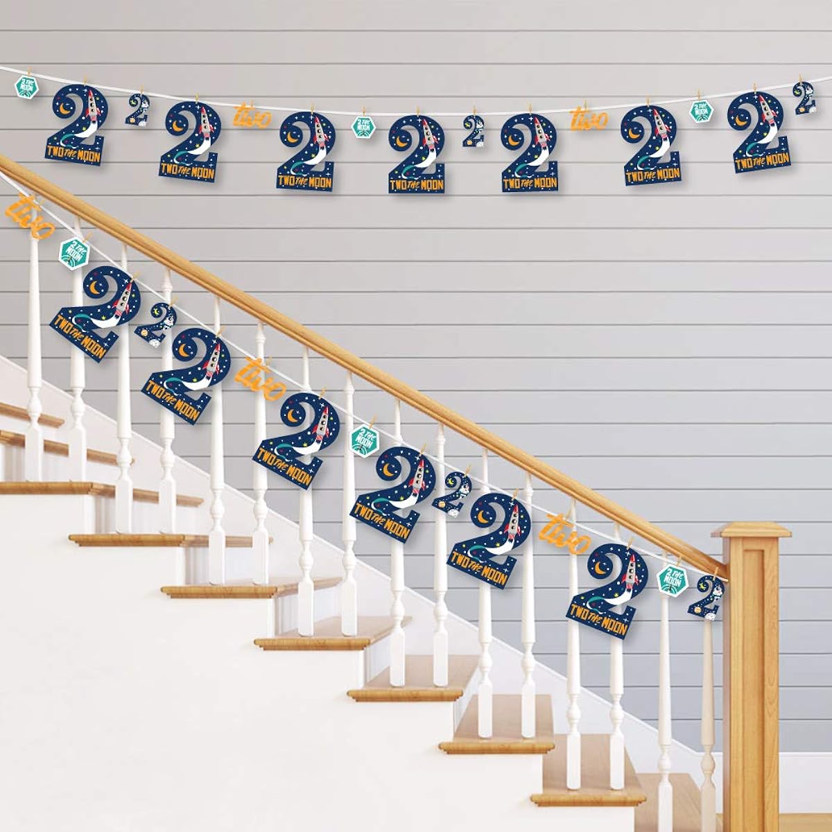 Big Dot of Happiness 2nd Birthday Two Moons - Space Second Birthday Party DIY Decorations - Clothespin Garland Banner - 44 Pieces