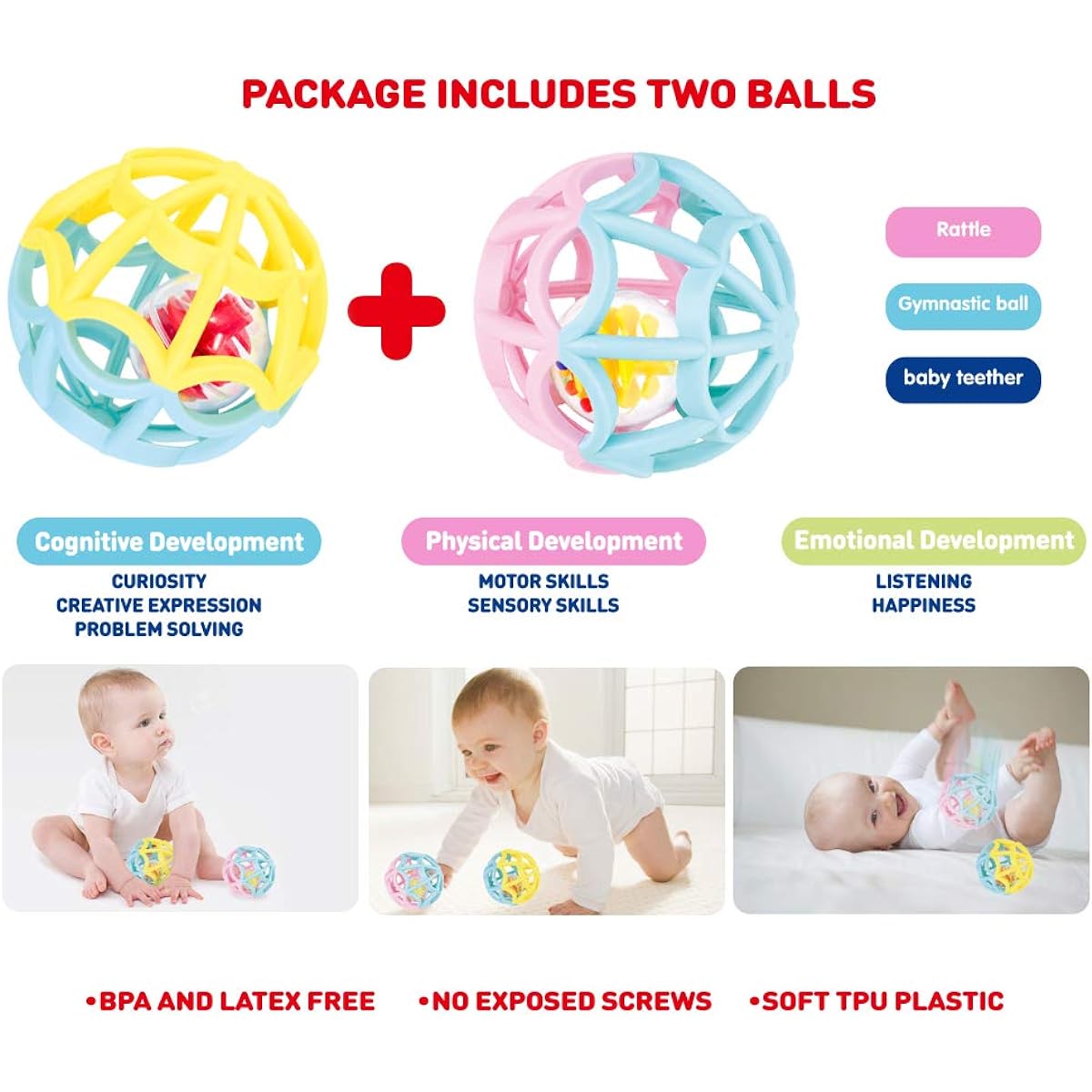 WEofferwhatYOUwant Play Ball Baby and Toddlers. 2 Outer Plus 2 Inner Balls. Rattles and Rolls for Double The Fun. Safe for Any Age.