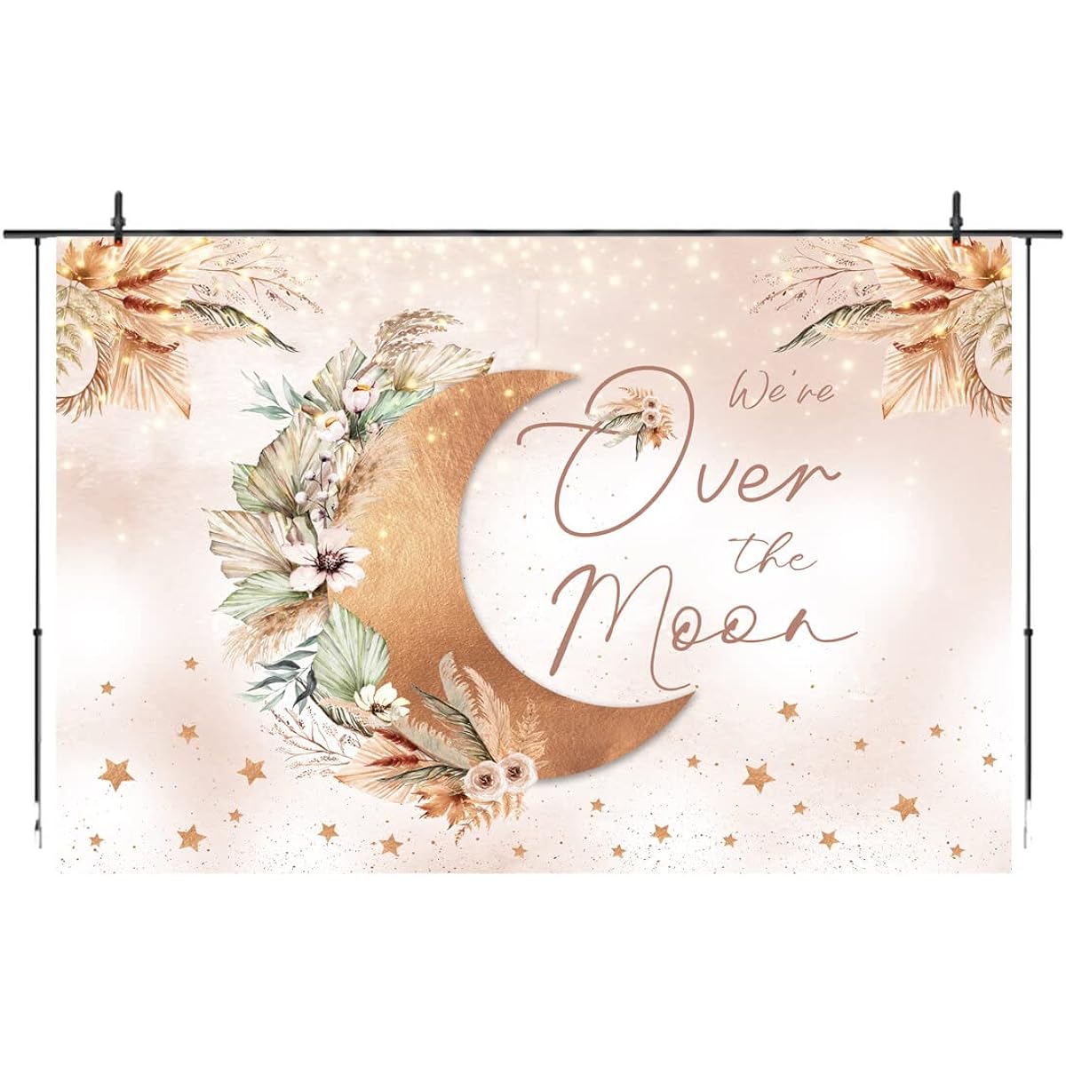Over the Moon Baby Shower Backdrop Boho Pampas Grass Gender Neutral Baby Shower Party Photo Background Decoration Bohemian Baby Shower Party Banner 7x5ft