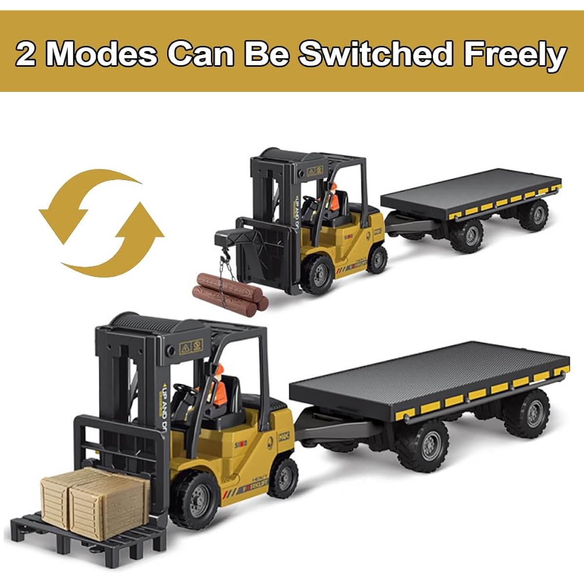 KNACKTOYZ Remote Control Forklift with Flatbed Truck, 11 Channel RC Forklift with Spray, Cool Lights & Sounds, 2-in-1 Lift Fork & Hook Crane Construction Toy for Boys, Birthday Gift for Ages 3+