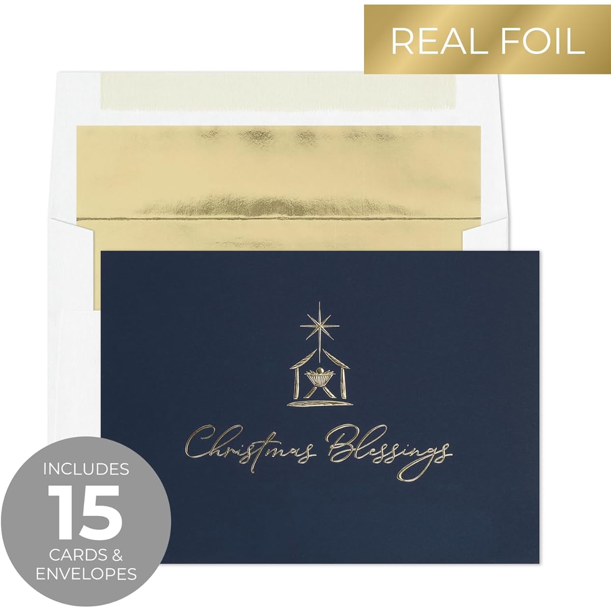 Masterpiece Christmas Blessing Cards / 15 Boxed Religious Nativity Manger Holiday Card Set with Gold Foil Accents and Matching Foil-Lined Envelopes / 5 5/8" x 7 7/8" Folded Christian Greeting Cards with Poem Inside