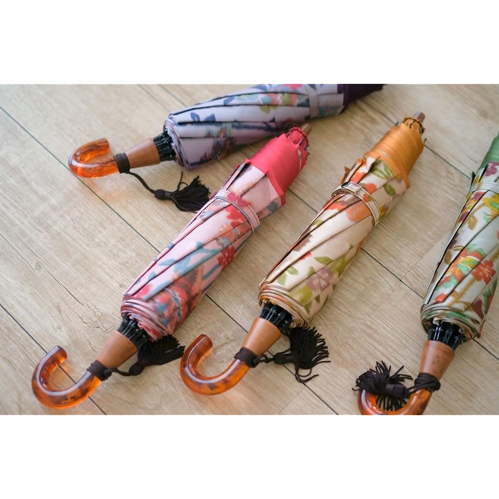 Made in Japan, Japanese floral pattern, folding Koshu-ori double-sided loose weave, for both rain and shine, tortoiseshell style handle, 2-tier folding umbrella, Komiya Shoten
