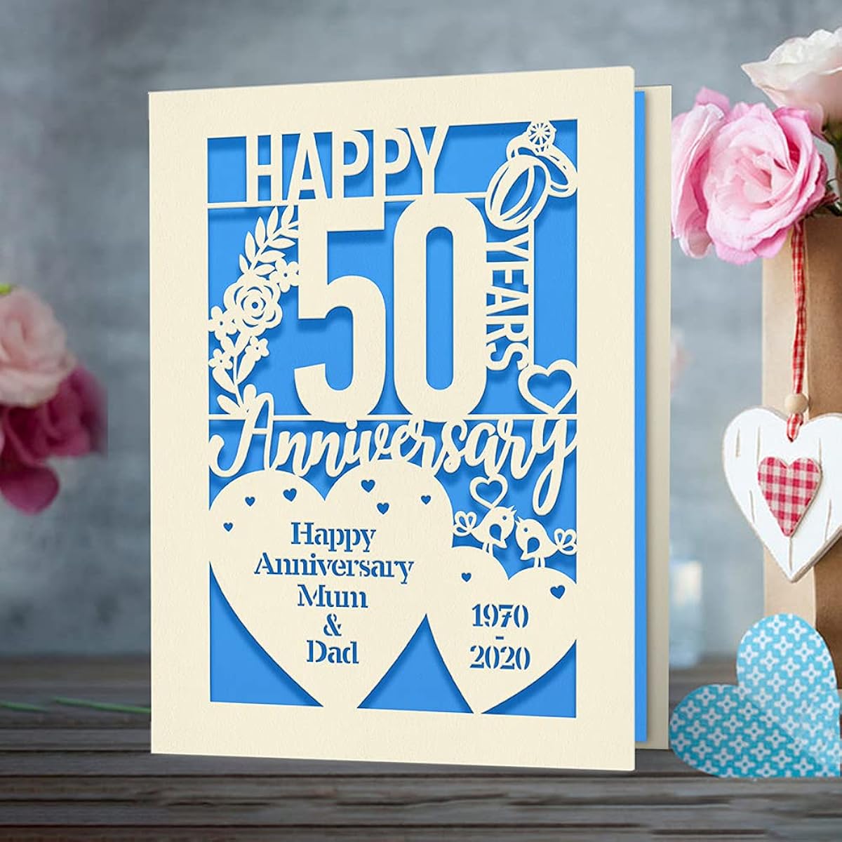 EDSG Anniversary Card Gift Wedding Memories Lover Couple Girl Woman Wife Laser Paper Cut Cards for Her with Customized Name and Time (Blue)