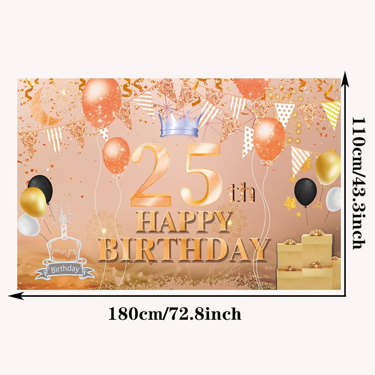 Happy 25th Birthday Backdrop Banner, Rose Gold 25 Years Old Sign Poster, 25th Birthday Party Supplies, Anniversary Photo Booth Photography Background, Birthday Party Decorations, 72.8 x 43.3 Inch