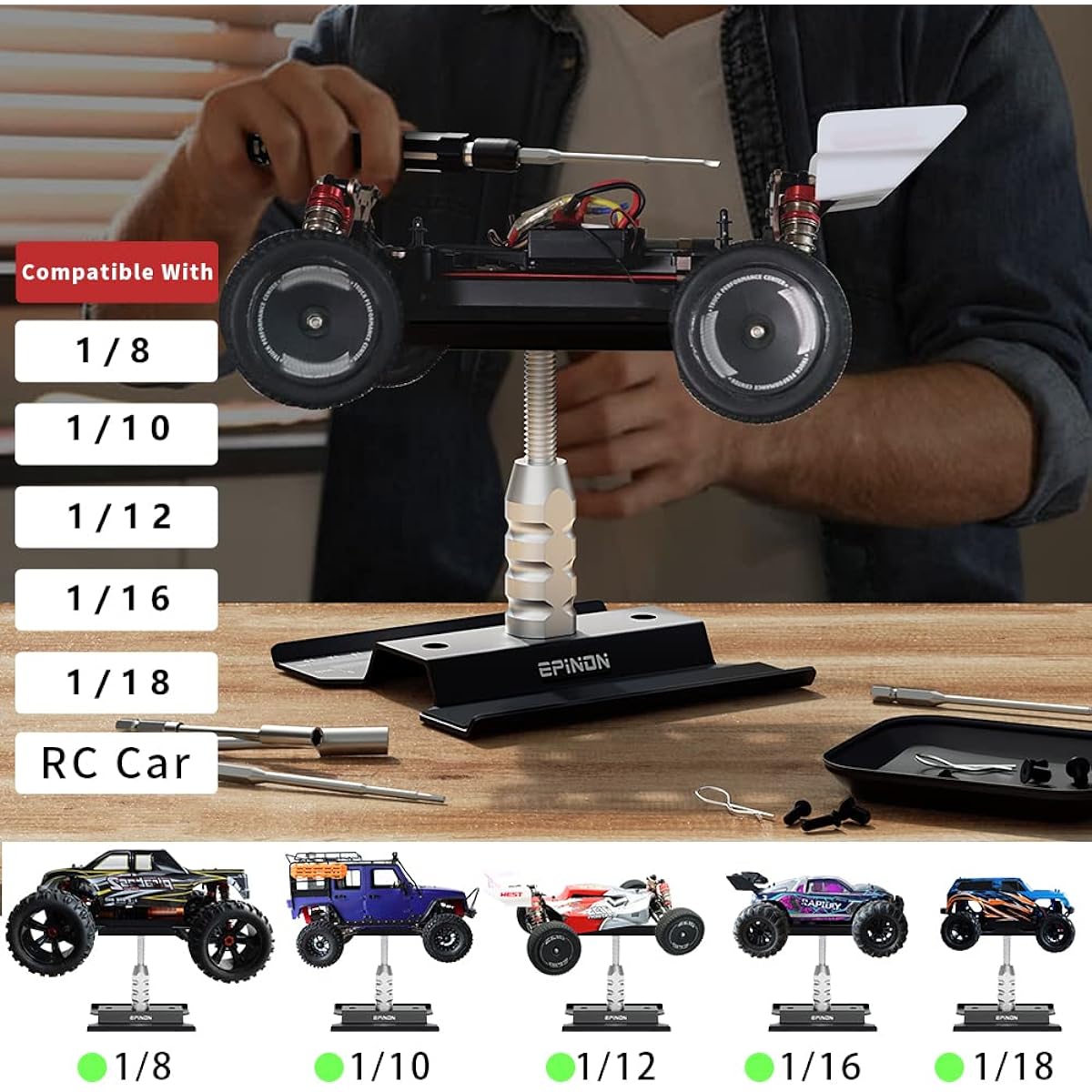 EPINON RC Car Stand RC Work Stand RC Car Repair Work Stand RC Driver Kit Screw Palette for 1/8 1/10 1/12 1/16 1/18 RC Car Truck Crawler (Black)