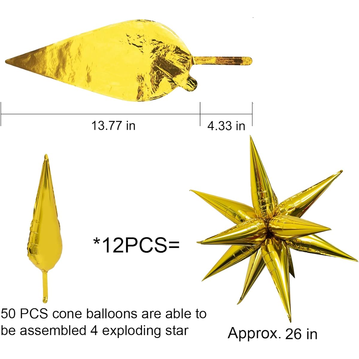 Maylai 50pcs Large Gold Star Balloons Big Metallic Explosion Star 40cm Foil Balloons 12 Point Star Balloons Starburst Cone Mylar Balloons Spike Balloons for Birthday Christmas Party Decorations