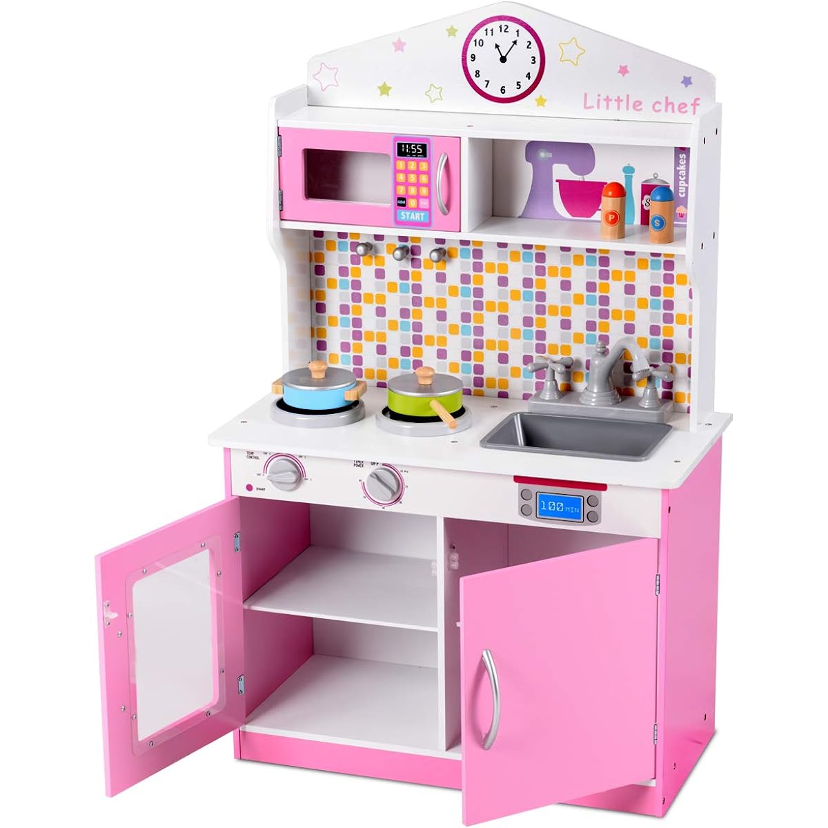 MAT EXPERT Kitchen Play Set for Kids, Wooden Kitchen Pretend Play Set with Removable Sink & Utensils, Toddler Kitchen Play Set with Microwave, Play Kitchen Toy Set for Ages 3+, Boys & Girls (Pink)