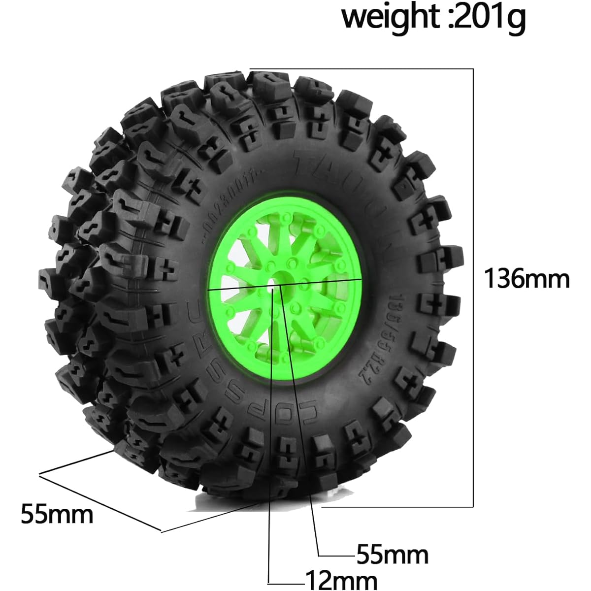 WLYEJEA 2.2" RC Mud Slinger Tires 135mm/5.31" RC Crawler Rubber Tires Hard Plastic 12mm Hex Hub for 1/10 RC Rock Crawler TRAXXAX TRX-4 Axial SCX10 SCX10 II 90046 D90(4pcs), Green
