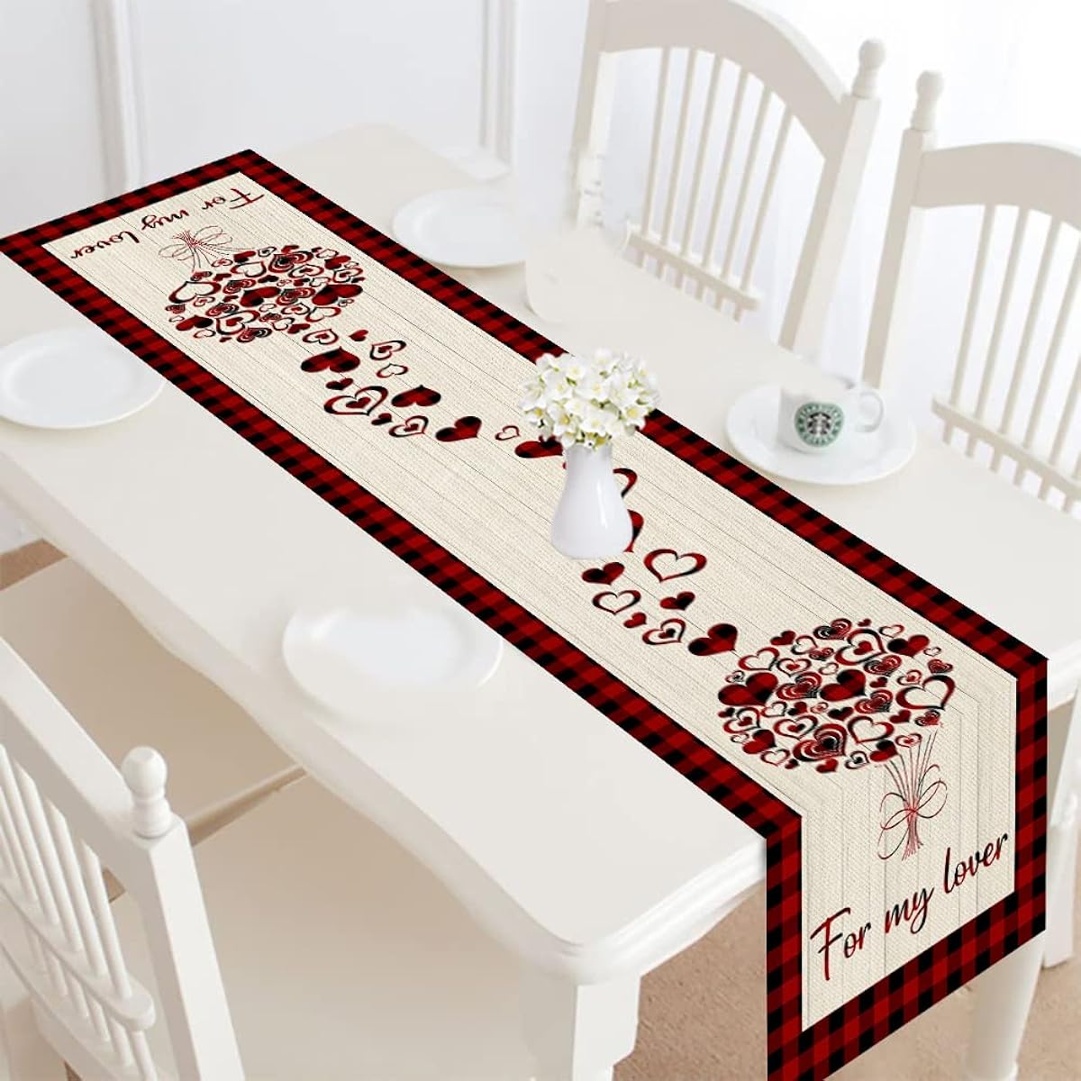 2 Pack Buffalo Plaid Burlap Valentine Table Runner with Heart Tree Lover Gnomes Happy Valentine's Day Roses for Seasonal Anniversary Holiday Kitchen Dining Table Valentine Decorations 13x72 Inch