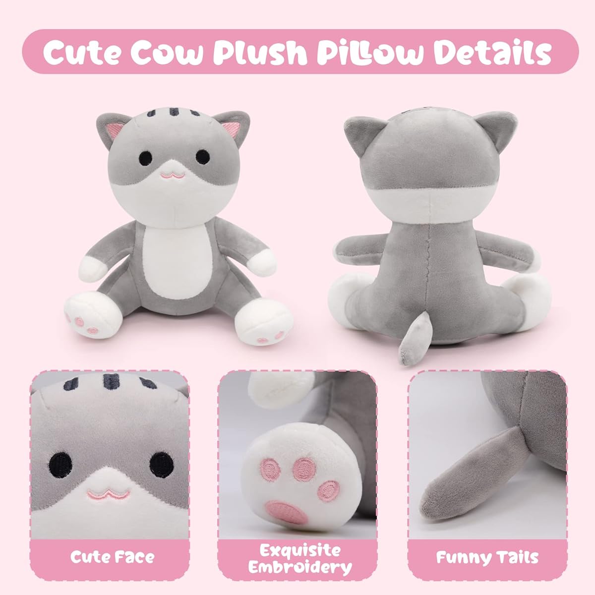 KOPHINYE Cute Cat Stuffed Animal Soft Cat Plush Toy 8 Inch Grey Cat Plush Toy Cute Home Decoration Birthday Gift for Kids Boys Girls (Grey 8 Inch)