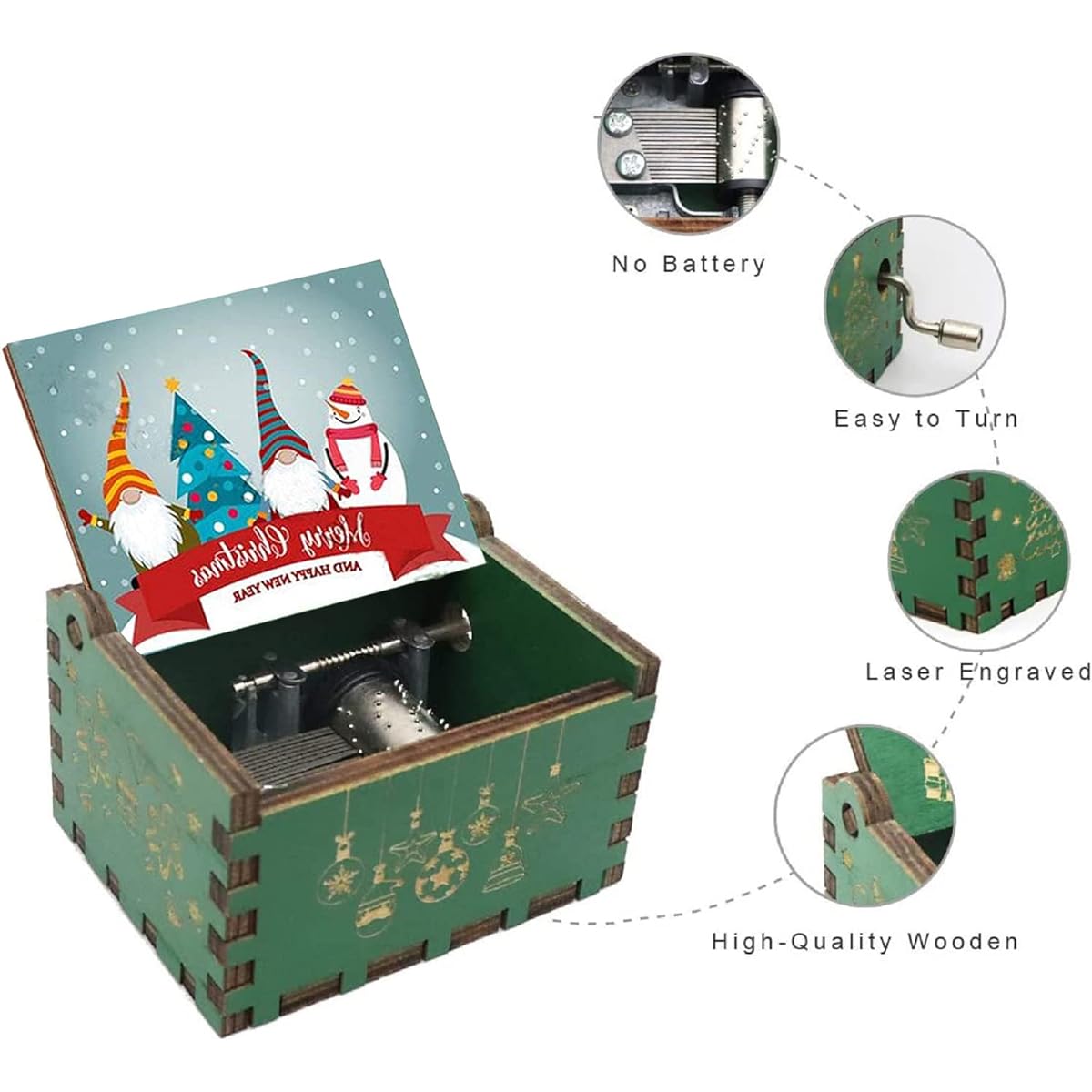 Christmas Music Box Wooden Mini Music Box Hand Crank Engraved Christmas Gnome Antique Vintage Personalizable Birthday & Christmas Gift for Girls & Boys & Mom & Daughter & Son & WiFi & Women & Friend