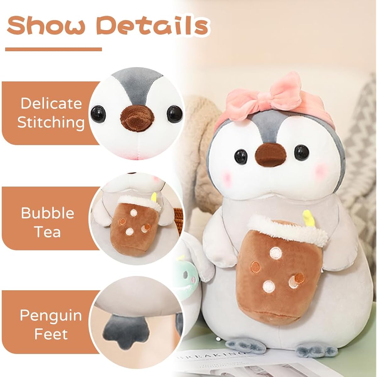 MELECERi Cute Penguin Plush Toy with Pink Bow 13.7 Inch
