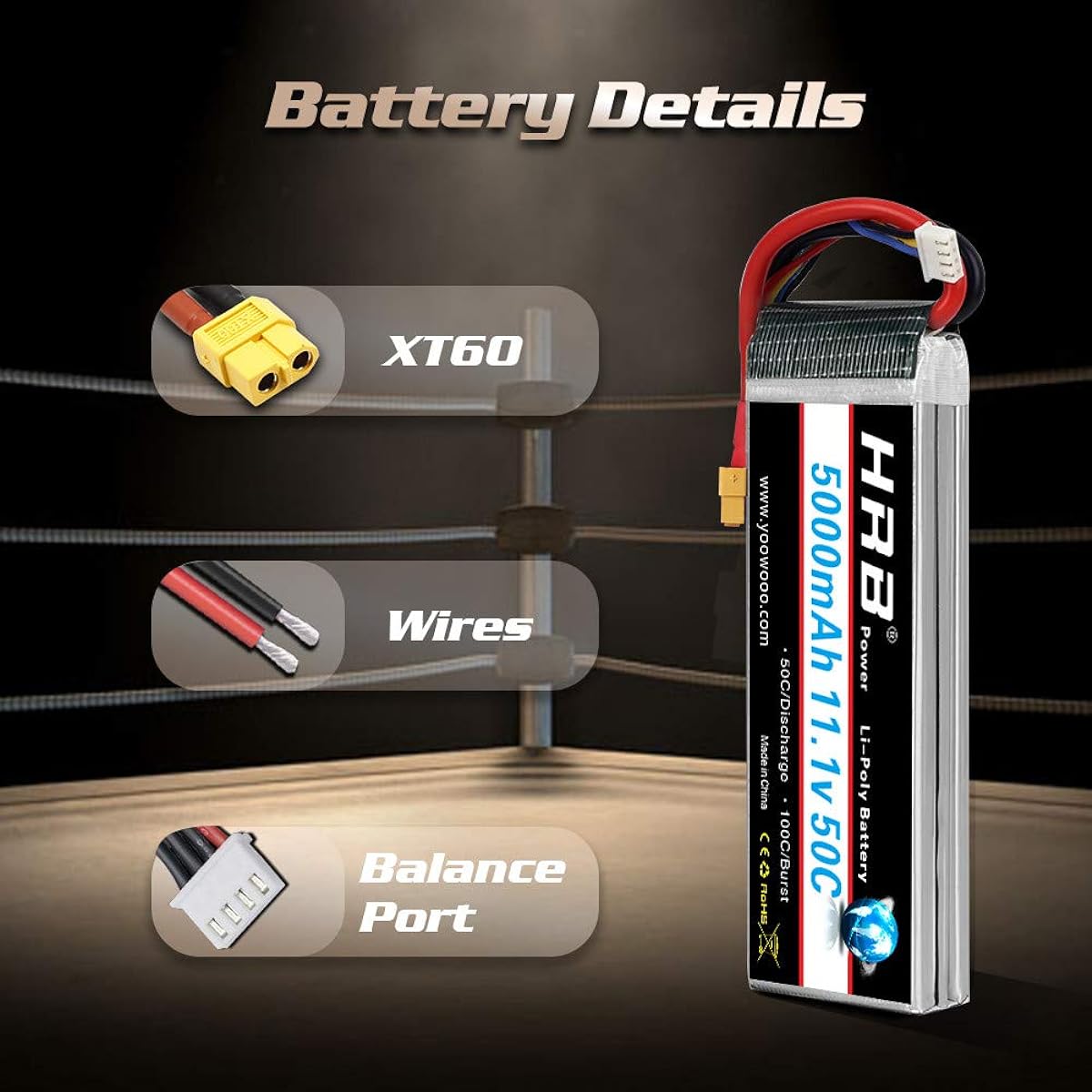 HRB 5000mAh 11.1V 3S 50C Lipo Battery Suitable for RC Helicopter, Car, Multirotor, Boat, Truck, Tank, Axial Yeti (XT60/Deans T)