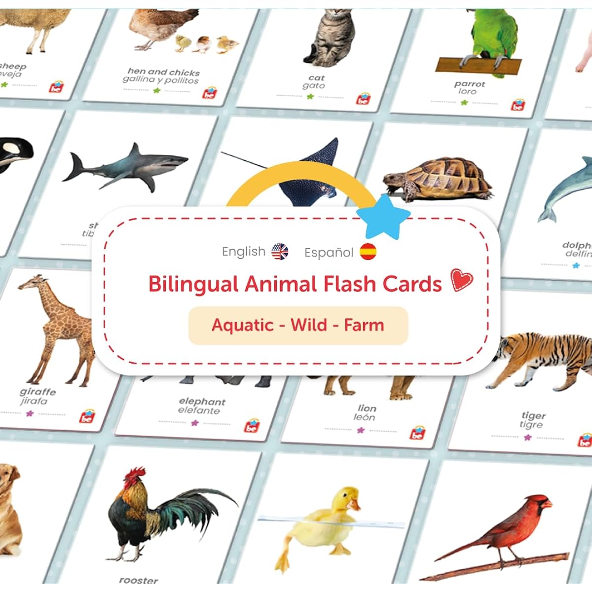 Tool-be Animal Flashcards 3 Pack | Farm, Aquatic and Wild Animal Bilingual Flashcards for Babies and Toddlers | 48 Realistic Pictures | Spanish-English Games