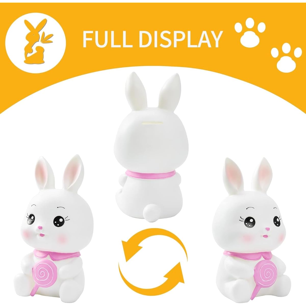H&W Cute White Bunny Coin Bank with Lollipop, Shatterproof Rabbit Piggy Bank, Creative Money Box, Holds 1000 Coins, Best Bitrthday Gift