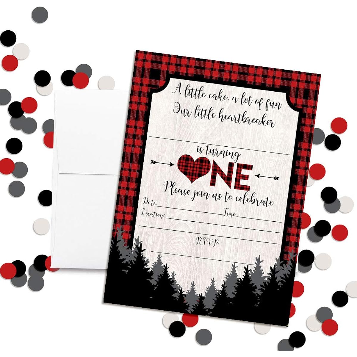AmandaCreation Little Heartbreaker 1st Birthday Red and Black Buffalo Plaid Valentine's Party Invitations - 20 Cards, 5"x7" with 20 White Envelopes